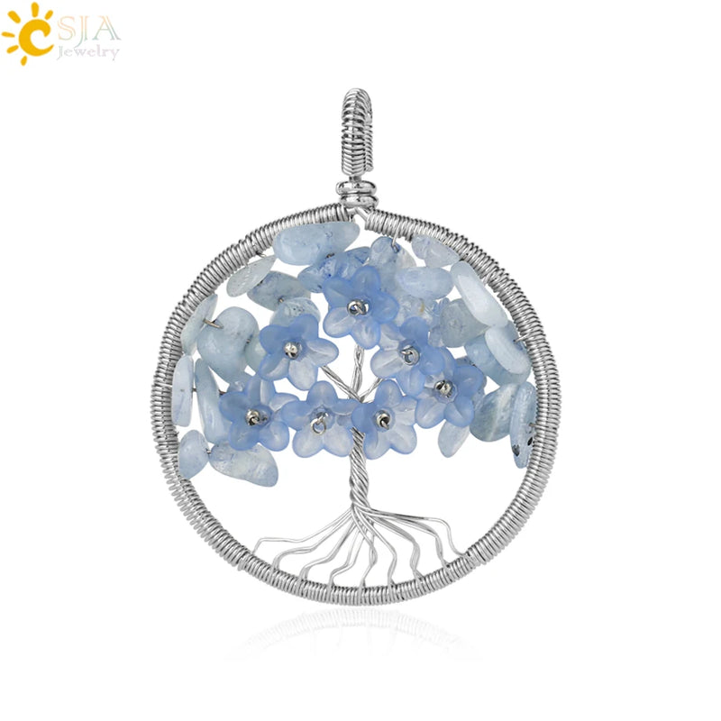 Tree of Life Pendant Necklace Silver Wire Wrap Quartz Crystal Chip