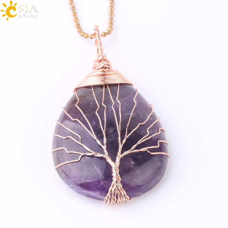 CSJA Tree of Life Water Drop Necklace Pendant Gem Stone Chakra E640