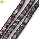 CSJA Triple Leather Bracelet Natural Stone Beads Agates Bangle