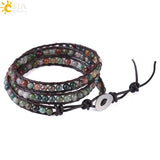 CSJA Triple Leather Bracelet Natural Stone Beads Agates Bangle