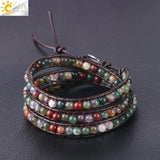 CSJA Triple Leather Bracelet Natural Stone Beads Agates Bangle