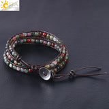 CSJA Triple Leather Bracelet Natural Stone Beads Agates Bangle