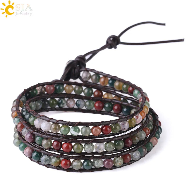 CSJA Triple Leather Bracelet Natural Stone Beads Agates Bangle