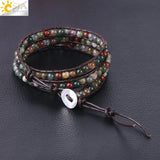 CSJA Triple Leather Bracelet Natural Stone Beads Agates Bangle