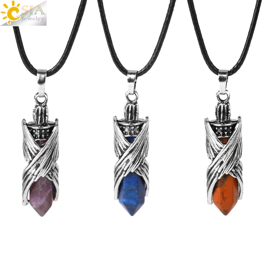 CSJA Natural Stone Hexagonal Pendant Necklace Angel Wings Bullet Crystal Jewelry