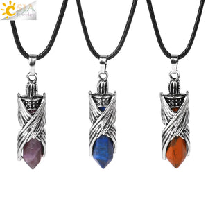 CSJA Natural Stone Hexagonal Pendant Necklace Angel Wings Bullet Crystal Jewelry