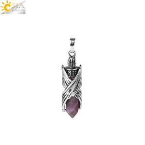 CSJA Natural Stone Hexagonal Pendant Necklace Angel Wings Bullet Crystal Jewelry