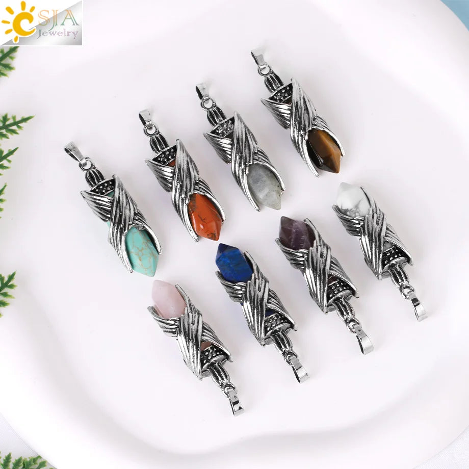 CSJA Natural Stone Hexagonal Pendant Necklace Angel Wings Bullet Crystal Jewelry