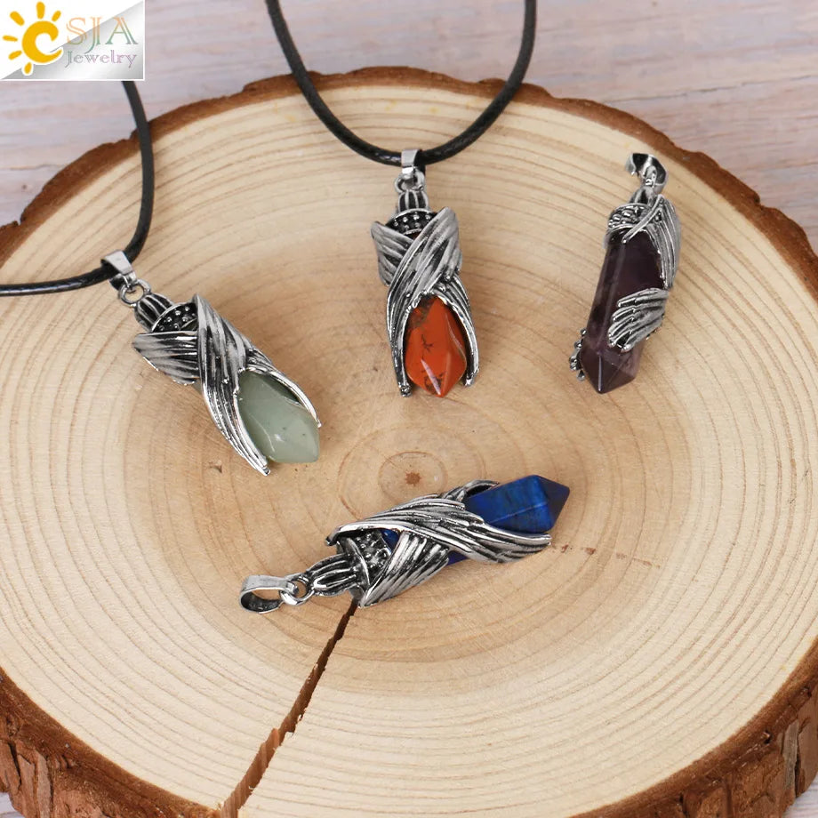 CSJA Natural Stone Hexagonal Pendant Necklace Angel Wings Bullet Crystal Jewelry