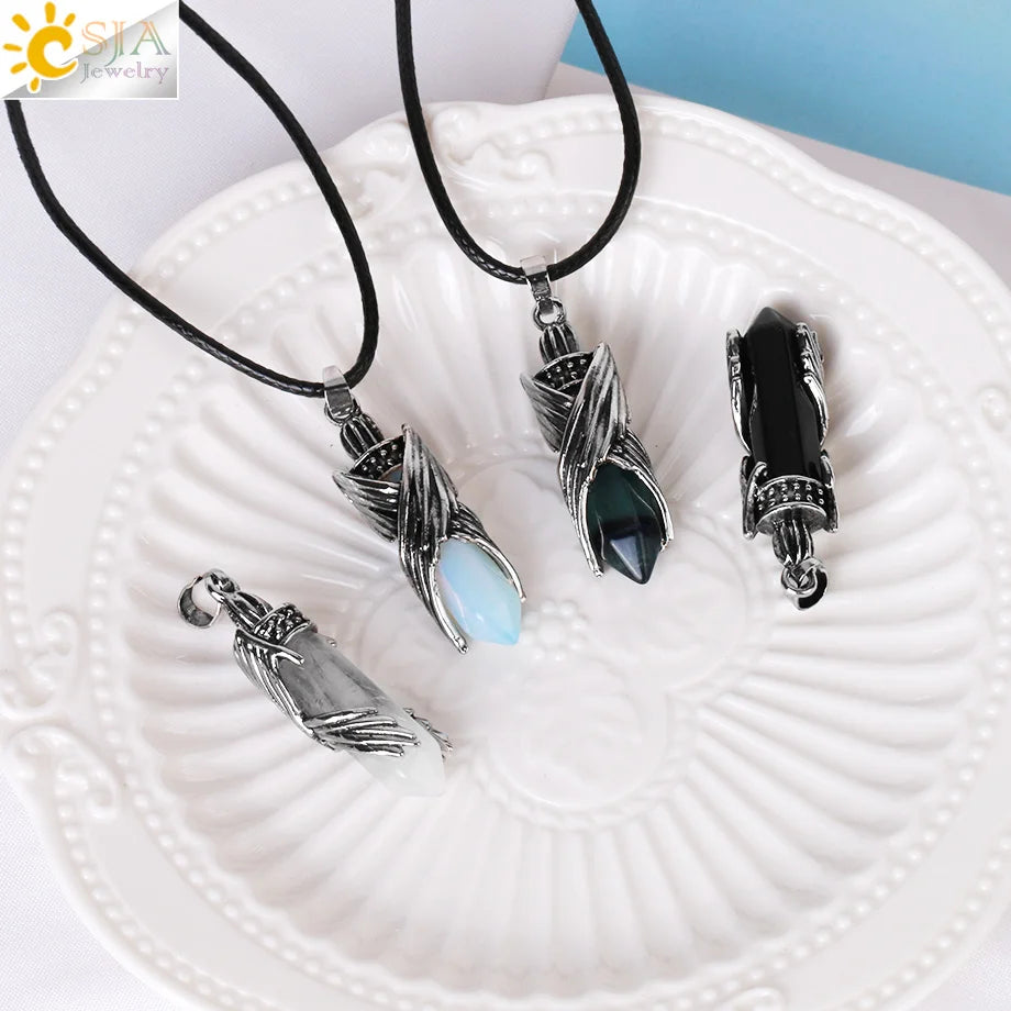 CSJA Natural Stone Hexagonal Pendant Necklace Angel Wings Bullet Crystal Jewelry