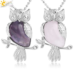 Water Drop Stone Necklace Owl Shape Pink Quartz Sodalite Crystal Charm Jewelry