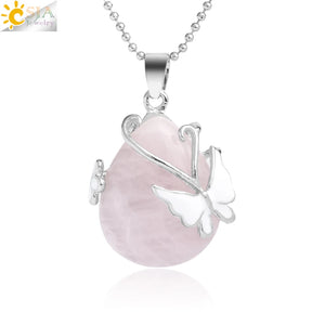 CSJA Water Drop Stone Pendant Butterfly Necklace Pink Quartz Purple Crystal