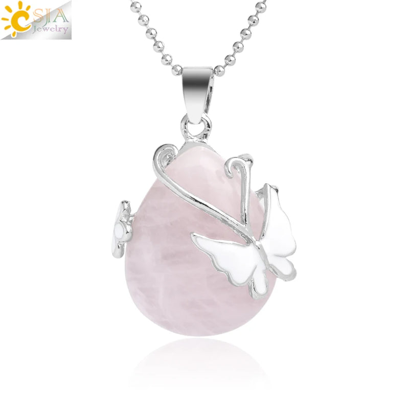CSJA Water Drop Stone Pendant Butterfly Necklace Pink Quartz Purple Crystal