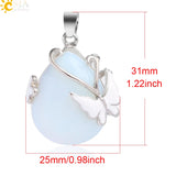 CSJA Water Drop Stone Pendant Butterfly Necklace Pink Quartz Purple Crystal