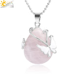 CSJA Water Drop Stone Pendant Butterfly Necklace Pink Quartz Purple Crystal