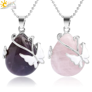 CSJA Water Drop Stone Pendant Butterfly Necklace Pink Quartz Purple Crystal