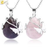 CSJA Water Drop Stone Pendant Butterfly Necklace Pink Quartz Purple Crystal