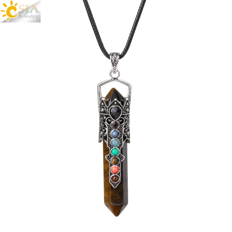 CSJA Hexagonal Point Pendant Necklace 7 Chakras
