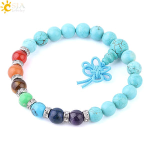 CSJA 7 Chakras Beaded Bracelet 8mm Turquoise Gems Stone Beads Jewelry