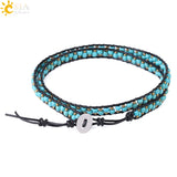 CSJA Women Leather Braided Bracelets Turquoises Stone Beads Three Wrap Bracelet