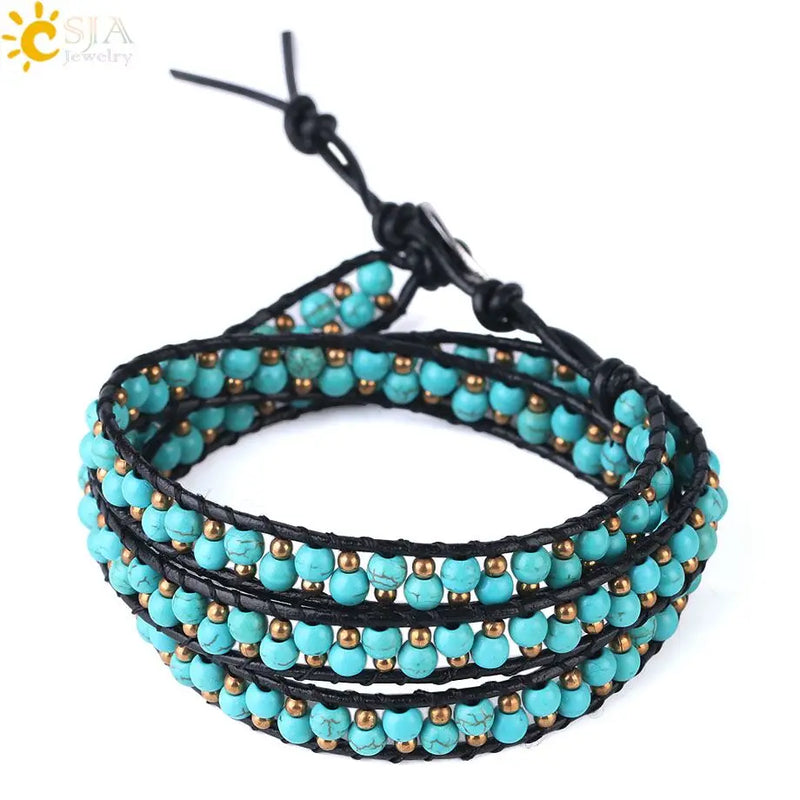 CSJA Women Leather Braided Bracelets Turquoises Stone Beads Three Wrap Bracelet