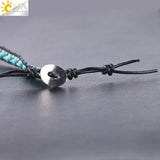 CSJA Women Leather Braided Bracelets Turquoises Stone Beads Three Wrap Bracelet