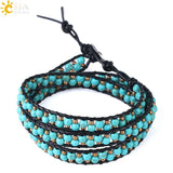 CSJA Women Leather Braided Bracelets Turquoises Stone Beads Three Wrap Bracelet
