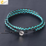 CSJA Women Leather Braided Bracelets Turquoises Stone Beads Three Wrap Bracelet