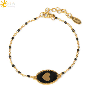 CSJA Women's Stainless Steel Enamel Heart Charms Pendant Bracelet
