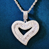 Baguette Heart Love Pendant Copper Zircon Charm HipHop Necklace Chain