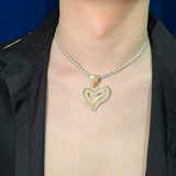 Baguette Heart Love Pendant Copper Zircon Charm HipHop Necklace Chain