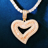 Baguette Heart Love Pendant Copper Zircon Charm HipHop Necklace Chain