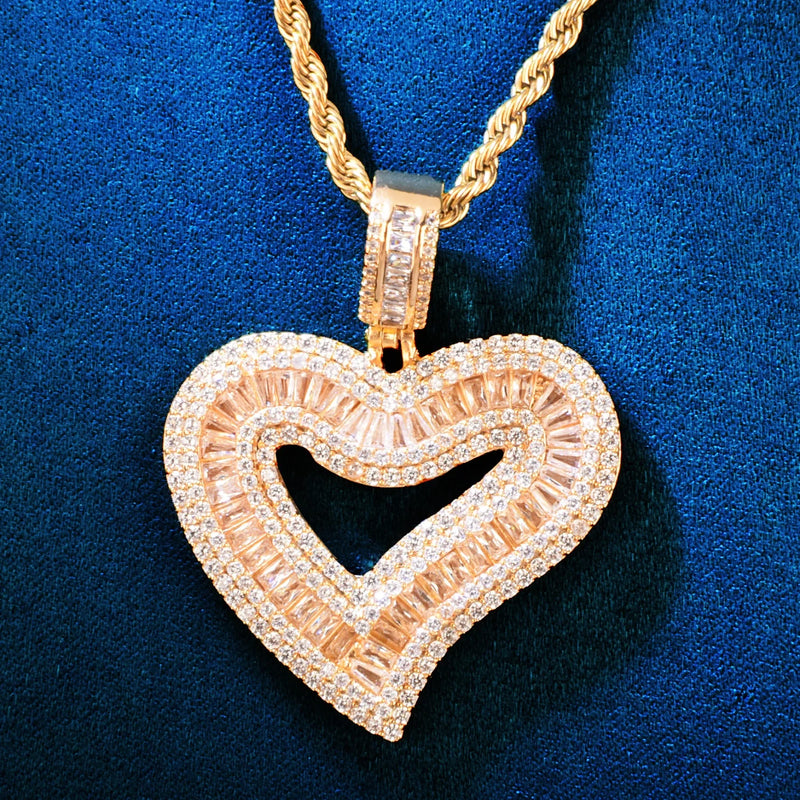 Baguette Heart Love Pendant Copper Zircon Charm HipHop Necklace Chain