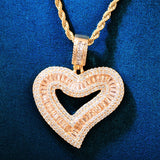 Baguette Heart Love Pendant Copper Zircon Charm HipHop Necklace Chain