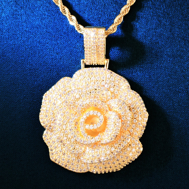 Rose Flower Pendant Copper Charm Zircon HipHop Necklace Chain Rock Jewelry
