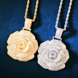 Rose Flower Pendant Copper Charm Zircon HipHop Necklace Chain Rock Jewelry