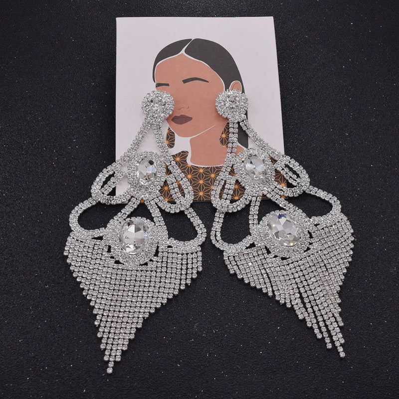 CUIER Large Drop Earrings Rhinestones Tassel Wedding Party Bridal Jewelry