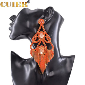 CUIER Large Drop Earrings Rhinestones Tassel Wedding Party Bridal Jewelry
