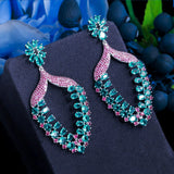 CZ Flower Long Earrings Rose Red Green Crystal Women Wedding Jewelery