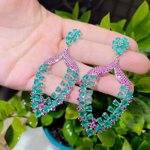 CZ Flower Long Earrings Rose Red Green Crystal Women Wedding Jewelery