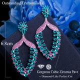 CZ Flower Long Earrings Rose Red Green Crystal Women Wedding Jewelery