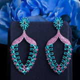 CZ Flower Long Earrings Rose Red Green Crystal Women Wedding Jewelery