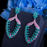CZ Flower Long Earrings Rose Red Green Crystal Women Wedding Jewelery