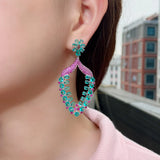 CZ Flower Long Earrings Rose Red Green Crystal Women Wedding Jewelery
