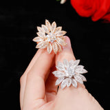 CWWZircons Flower Statement Big Plated Women Finger Rings