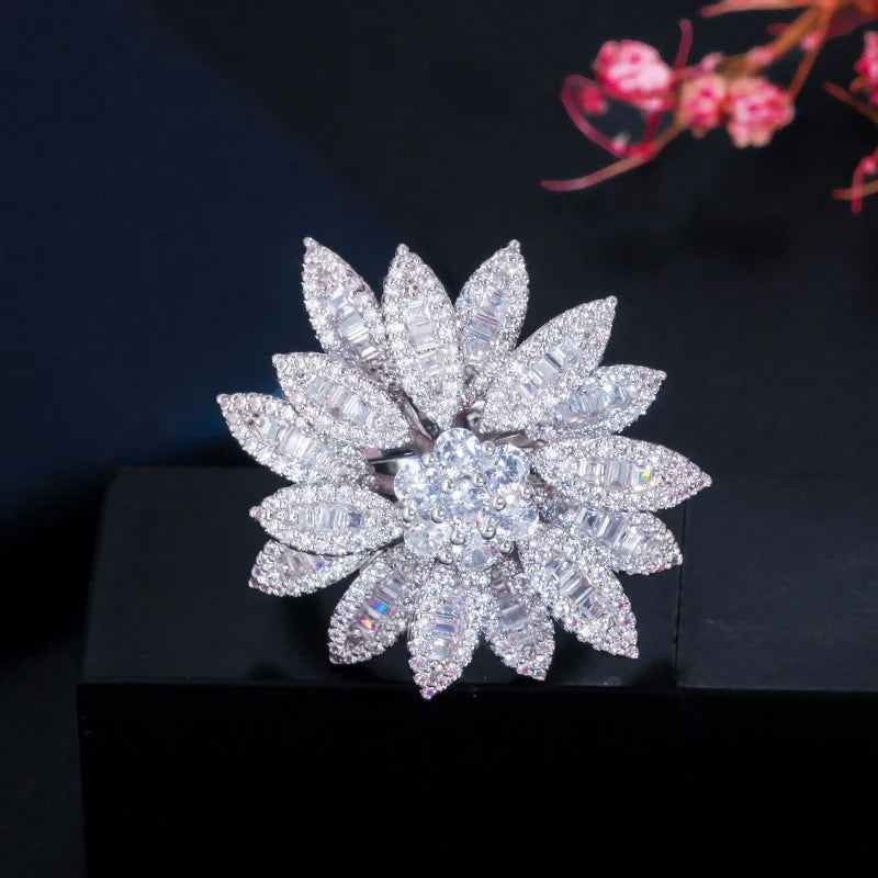 CWWZircons Flower Statement Big Plated Women Finger Rings