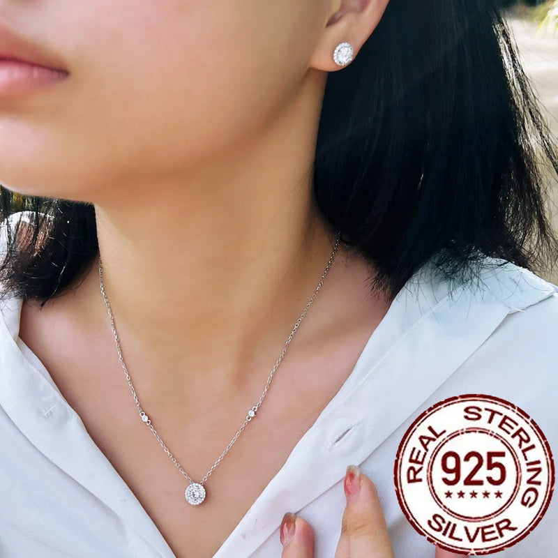 CWWZircons 925 Silver Zircon Stud Earrings Necklace Set