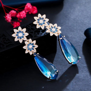 CZ Flower Water Drop Earrings for Women Wedding Bridal Gift