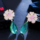 Pink CZ Dangle Drop Long Flower Earrings for Women Wedding CZ935
