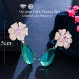 Pink CZ Dangle Drop Long Flower Earrings for Women Wedding CZ935